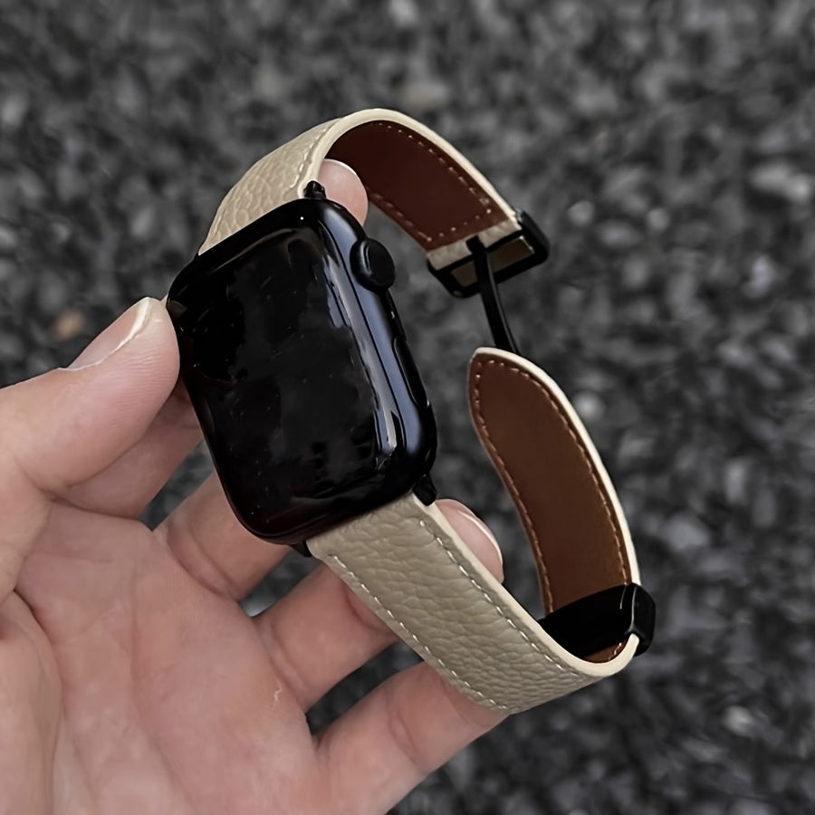 Litchi Pattern Patent Apple Watch Strap with Magnetic Folding Buckle